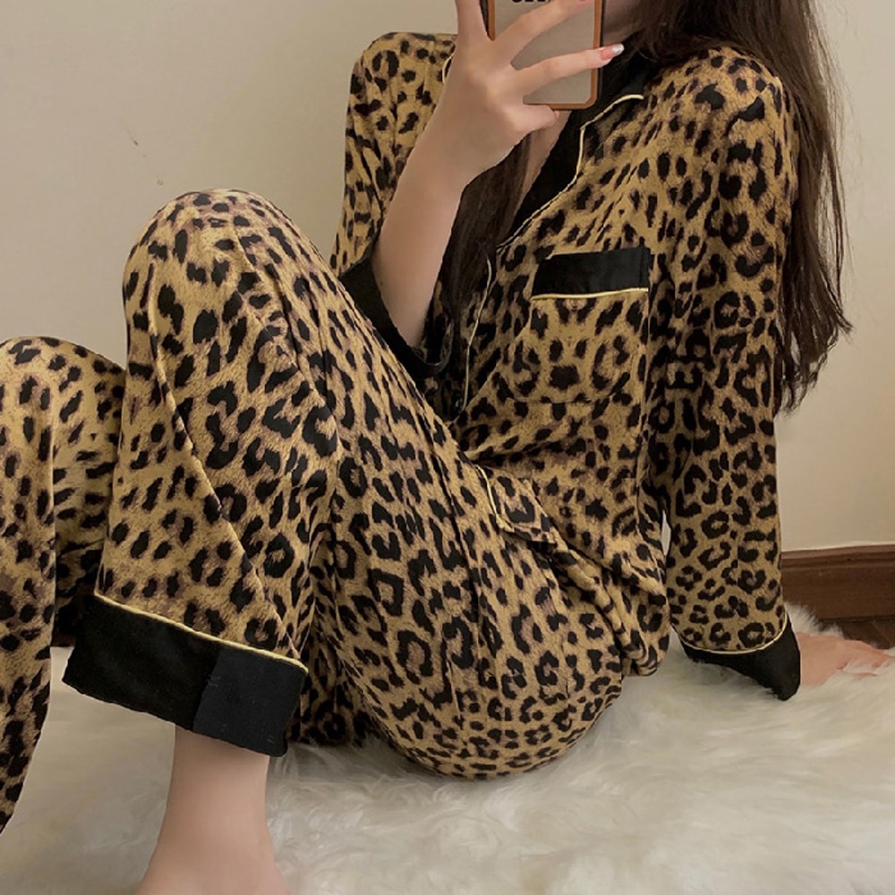 Womens Thailand Spring and Fall Pajamas Set, Leopard Print Long Sleeved Sleepwear, Ladies Upscale Loungewear Homewear