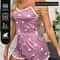 Women's Casual Printed Pajama Set, Two-Piece V-Neck Suspender Lace Printed Top and Shorts Pajama Set
