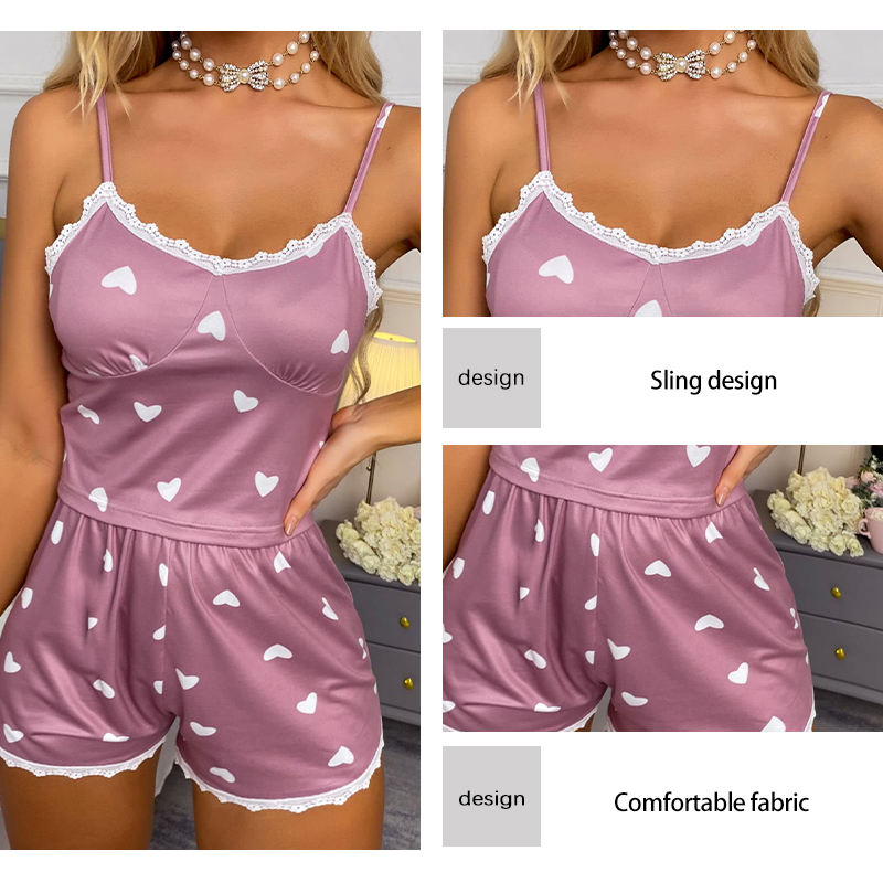 Women's Casual Printed Pajama Set, Two-Piece V-Neck Suspender Lace Printed Top and Shorts Pajama Set