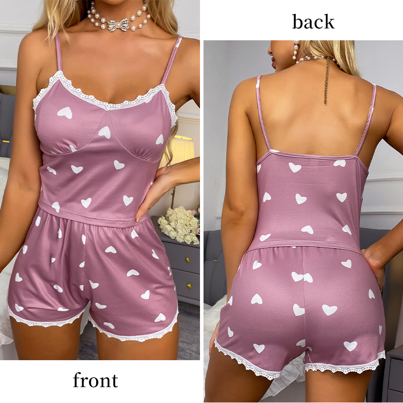 Women's Casual Printed Pajama Set, Two-Piece V-Neck Suspender Lace Printed Top and Shorts Pajama Set