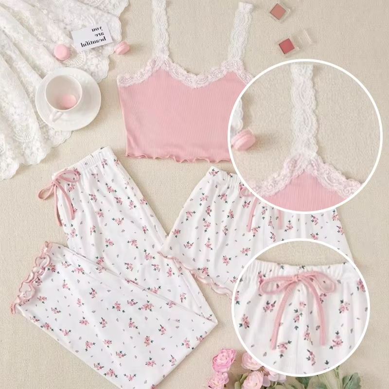 Women's Sleepwear Set, Three Piece Heart-Shaped Printed Vest, Ribbed Fabric Shorts and Pants for Casual Comfort