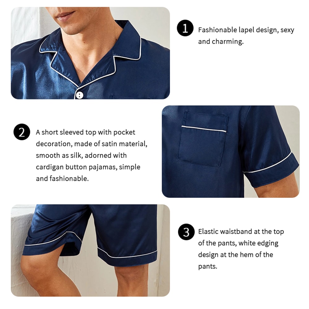 Summer Sleepwear For Men Satin Short Sleeve Pajama Set ButtonDown Shirt Elastic Waist Shorts Pajam 4