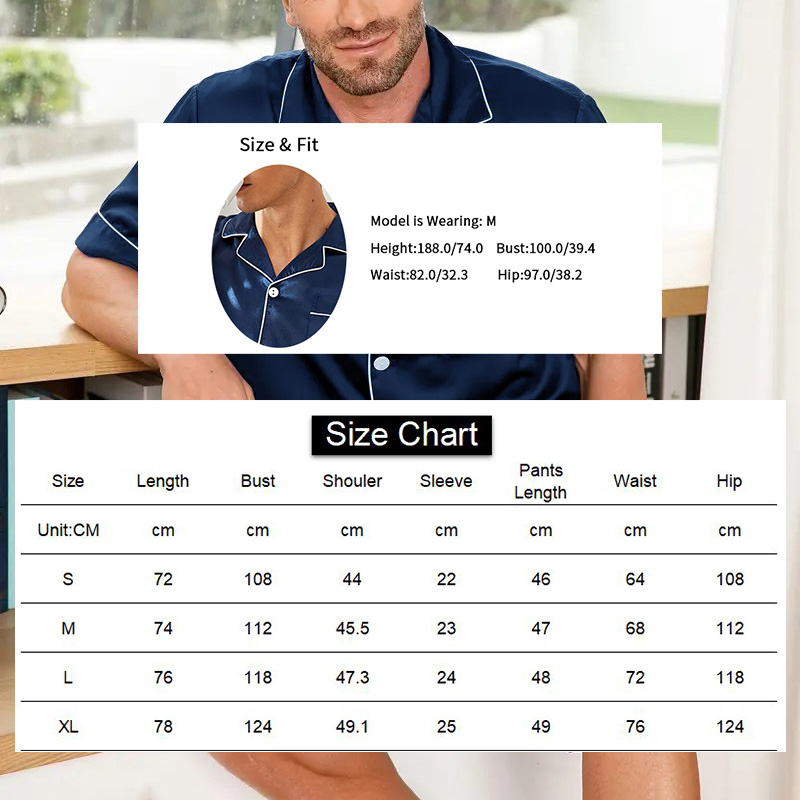 Summer Sleepwear For Men Satin Short Sleeve Pajama Set ButtonDown Shirt Elastic Waist Shorts Pajam 5