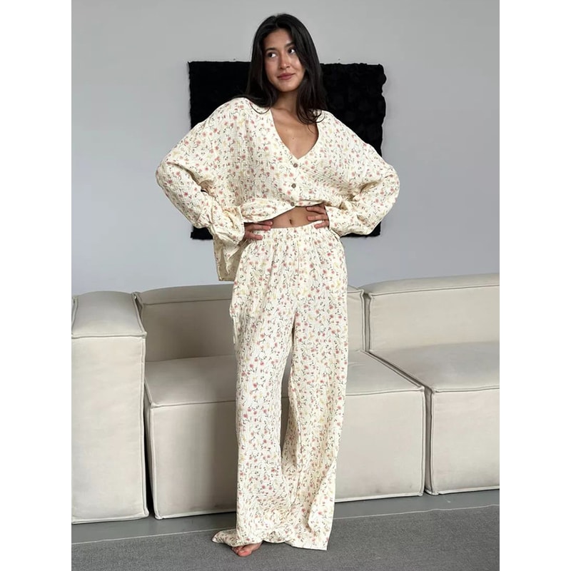 Women's 100% Cotton Printed Cardigan Pajama Set, Autumn Long Sleeved Pants