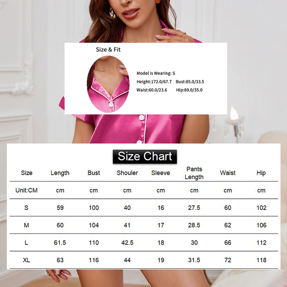 Summer Luxurious Satin Pajama For Women Short Sleeve Sleepwear ButtonUp Lapel Collar Pyjama Lounge 10