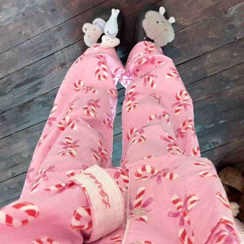 Autumn Winter Women PJS Cotton Ground Wool Sleepwear Warm Thick Cartoon Long Sleeve Pants Pajamas L 11