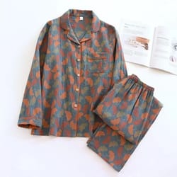 cotton crepe flower leaves pajamas suit for women, long-sleeved trousers, two-piece, perfect for spring and summer