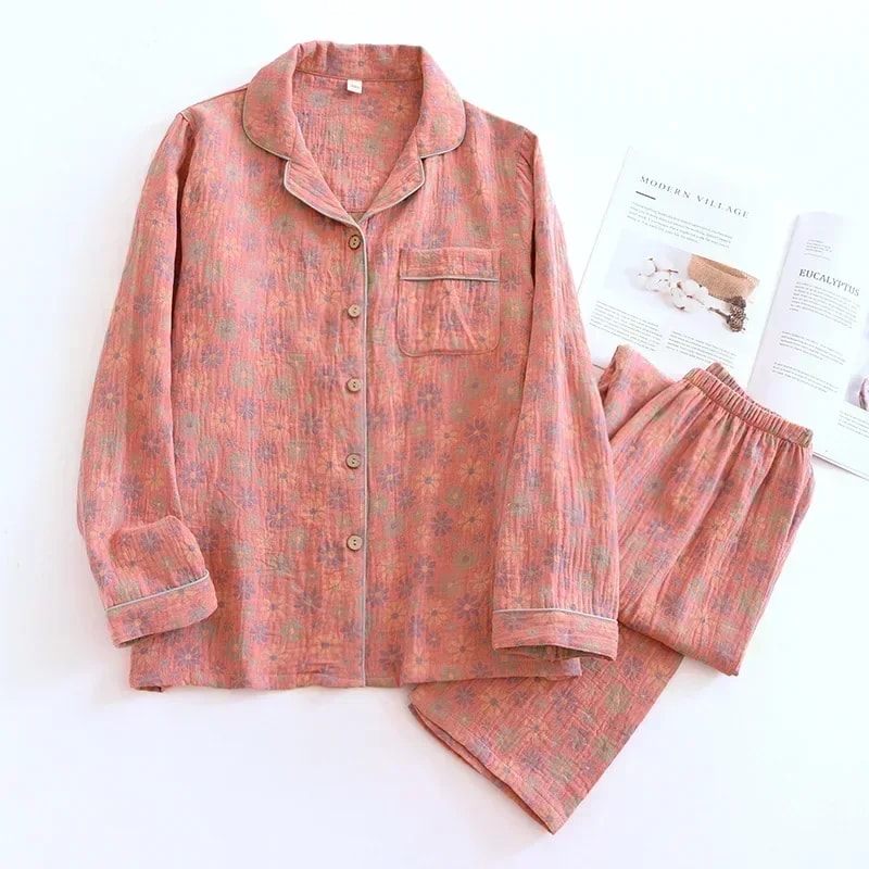 Cotton Crepe Flower Leaves Pajamas Suit For Women LongSleeved Trousers TwoPiece Perfect For Spring 3