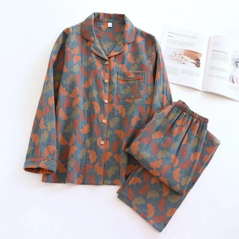 Cotton Crepe Flower Leaves Pajamas Suit For Women LongSleeved Trousers TwoPiece Perfect For Spring 6