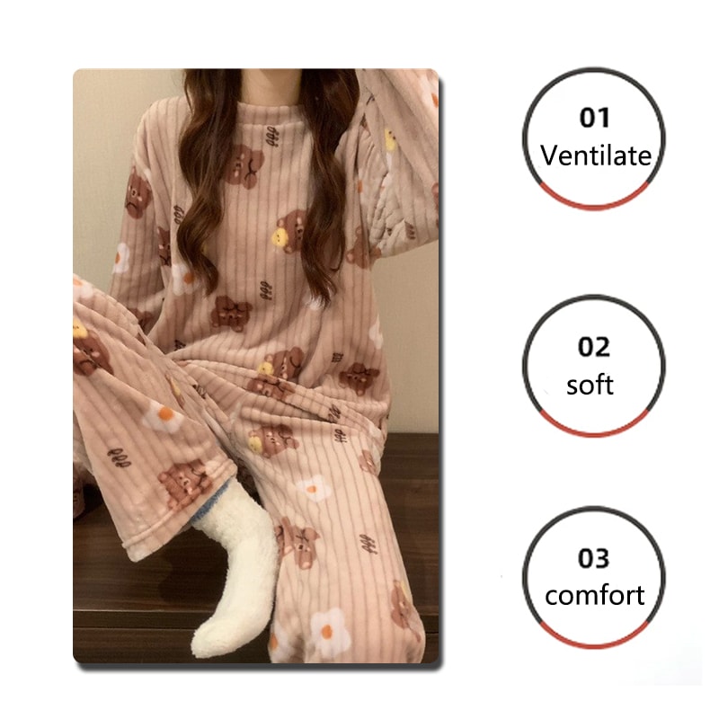 Flannel Womens Pajamas Warm Fall And Winter Loungewear Peach Sleepwear Coral Velvet Nightwear 3