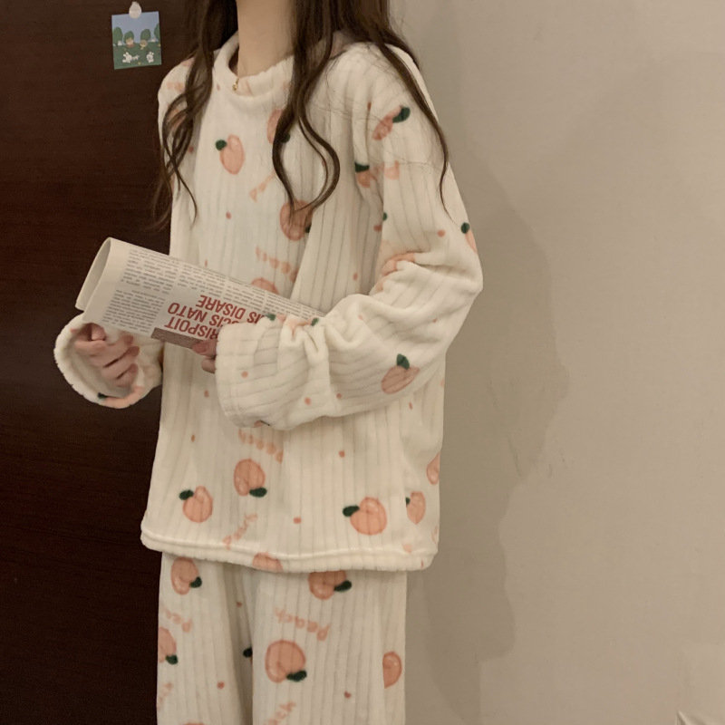 Flannel Womens Pajamas Warm Fall And Winter Loungewear Peach Sleepwear Coral Velvet Nightwear 5