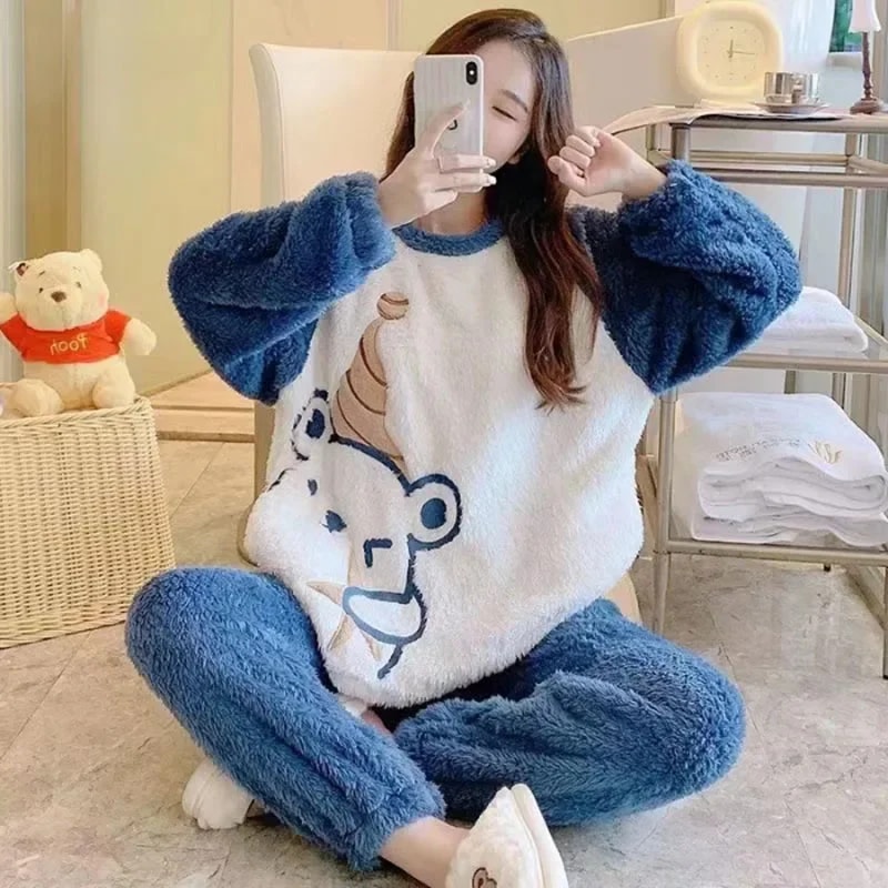 Autumn Winter Cute Cartoon Bear Padded Two Sets Thickened Warm Flannel Women Sleepwear Coral Velvet 1