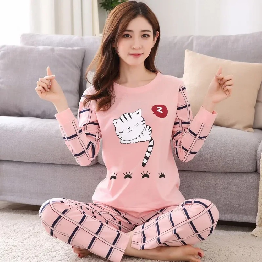 Autumn Pyjamas Set Lovely Home Suit Women Thin Sexy Sleepwear Round Neck Girls Teacup Pajamas 9
