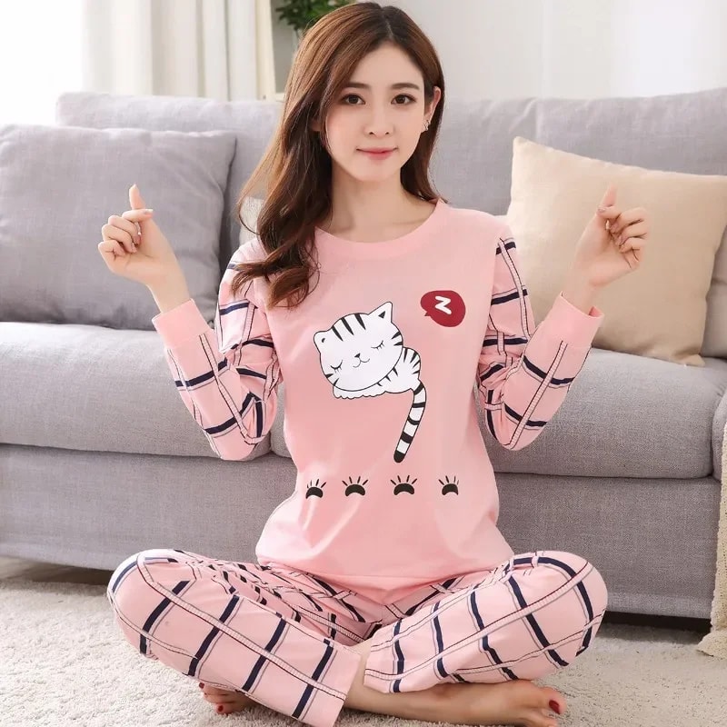 Autumn Pyjamas Set Lovely Home Suit Women Thin Sexy Sleepwear Round Neck Girls Teacup Pajamas 9