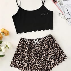 sexy women's pajamas set, leopard print sling sleepwear, v-neck sleeveless top and shorts pyjamas set for homewear