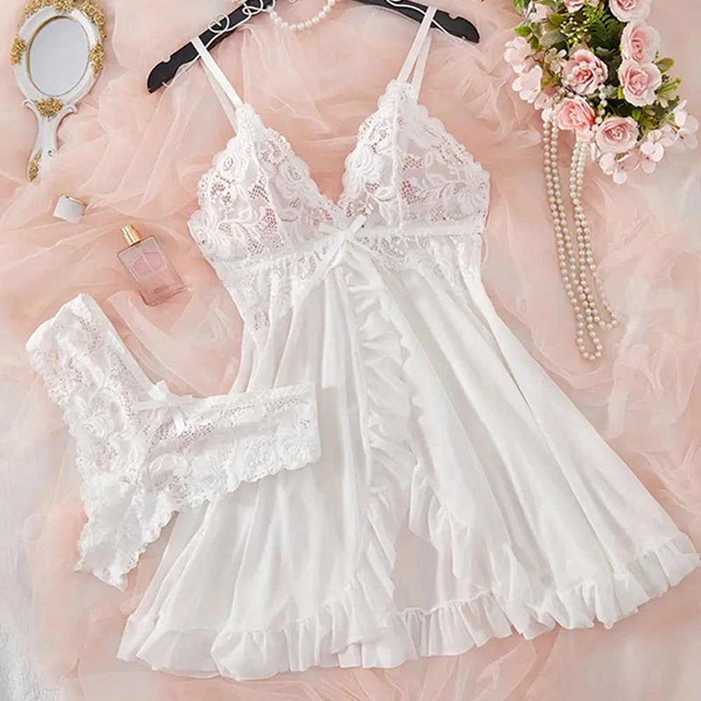 Nightgown Set For Sexy Women See Through Pajama Sets Summer Night Dress Ultrathin Lace Sleepwear Su 8