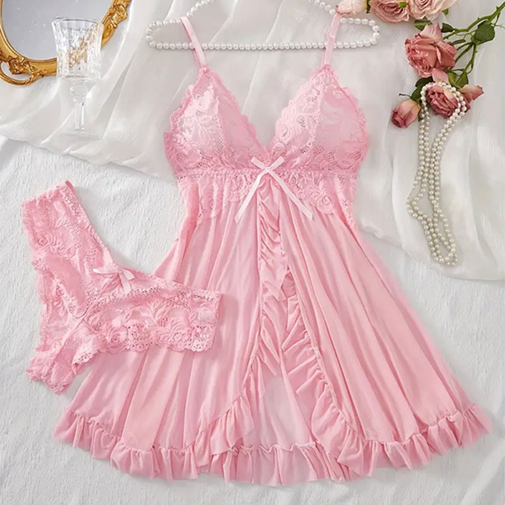 Nightgown Set For Sexy Women See Through Pajama Sets Summer Night Dress Ultrathin Lace Sleepwear Su 9