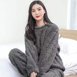 women autumn solid warm , thicken velvet ribbed fleece pullover, casual pajama pants set