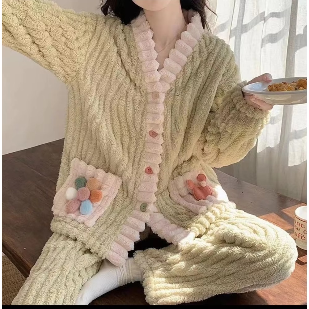 Cozy Thickened Warm Flannel Women Sleepwear Soft Kawaii Pajamas Winter Cardigan Suit Homewear 4