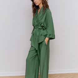 women's long sleeved pajama set, autumn green lace up pajamas, loose pants leisure home clothing set