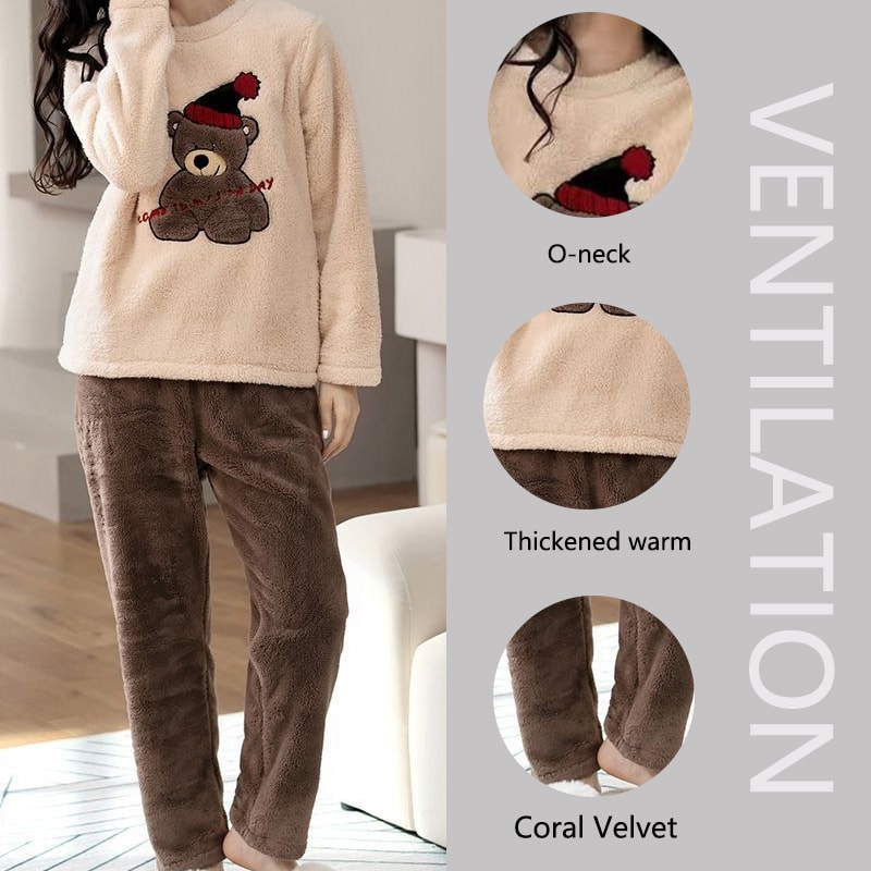 Women's Padded Warm Pajamas, Thickened Coral Velvet, Fall and Winter Long-Sleeved Long Pants Set