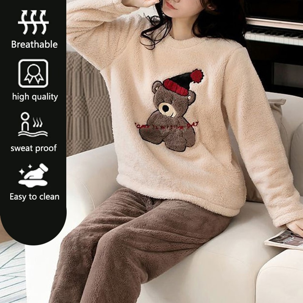 Women's Padded Warm Pajamas, Thickened Coral Velvet, Fall and Winter Long-Sleeved Long Pants Set