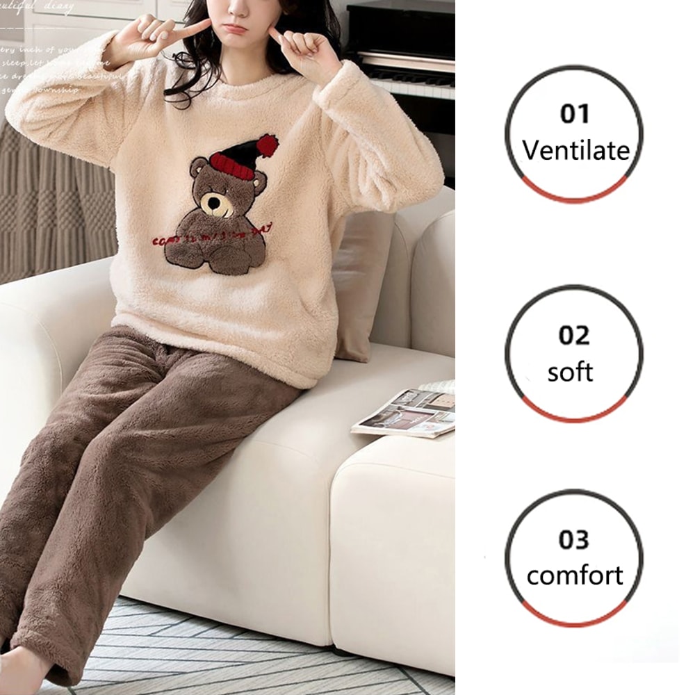 Women's Padded Warm Pajamas, Thickened Coral Velvet, Fall and Winter Long-Sleeved Long Pants Set
