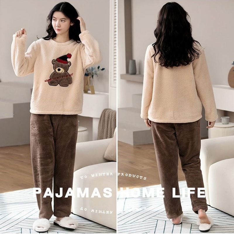 Women's Padded Warm Pajamas, Thickened Coral Velvet, Fall and Winter Long-Sleeved Long Pants Set