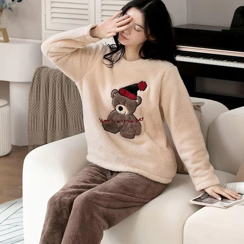Women's Padded Warm Pajamas, Thickened Coral Velvet, Fall and Winter Long-Sleeved Long Pants Set