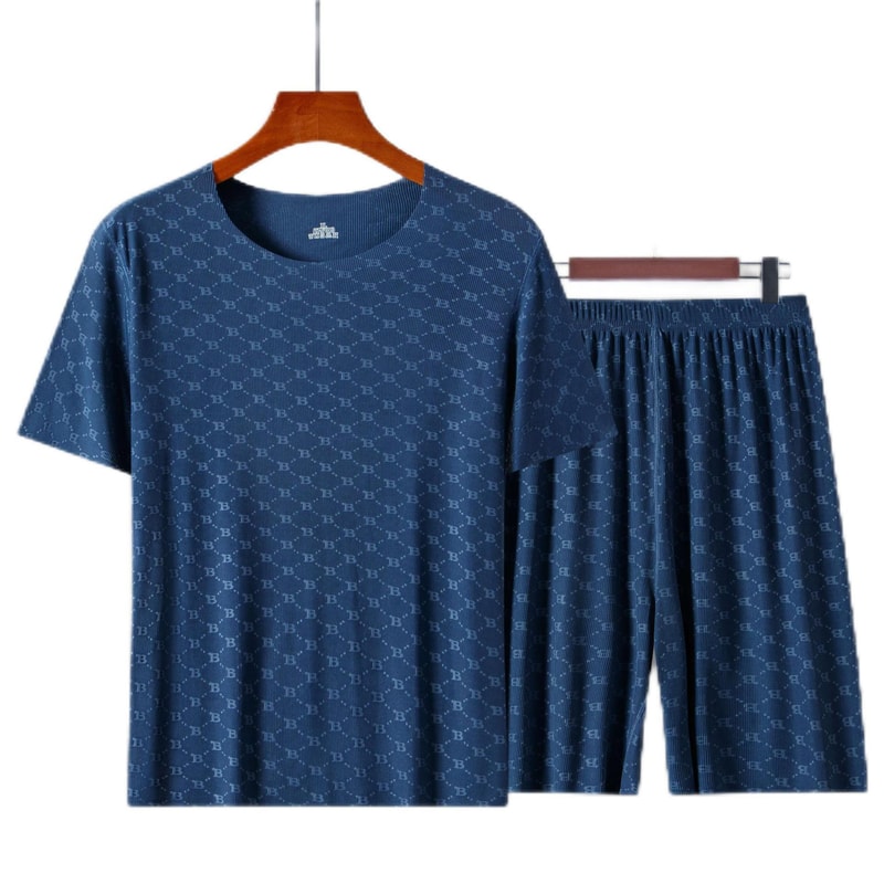 Men's Summer Pajama Set, Casual Printed Ice Silk T-Shirt, Modal Short-Sleeve Pajama Trousers