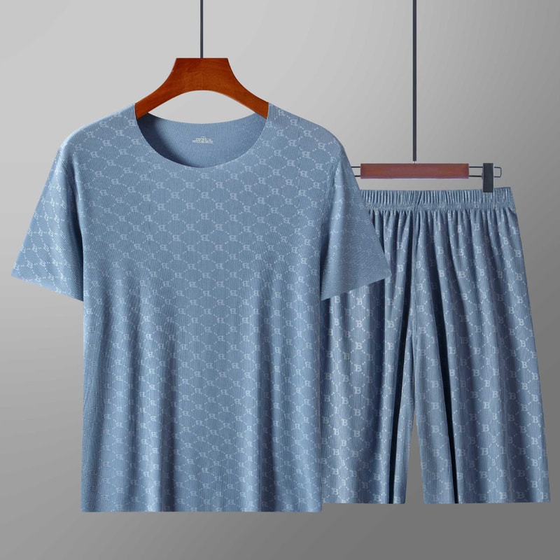 Men's Summer Pajama Set, Casual Printed Ice Silk T-Shirt, Modal Short-Sleeve Pajama Trousers