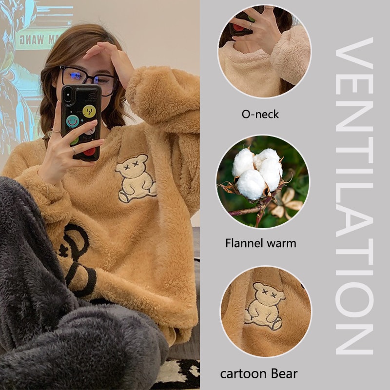 Women Thickened Warm Flannel Sleepwear Winter Homewear Pajama Set Tops And Trousers 4