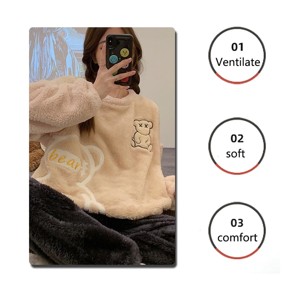 Women Thickened Warm Flannel Sleepwear Winter Homewear Pajama Set Tops And Trousers 1