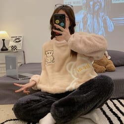 women thickened warm flannel sleepwear, winter homewear pajama set, tops and trousers