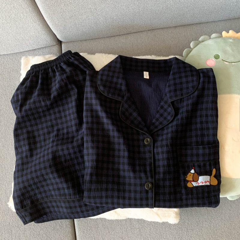 Cute Pajamas Set for Women, Embroidery Dog Sweet Fashion, Plaid Lapel Neck, Elastic Waist Casual Nightwear