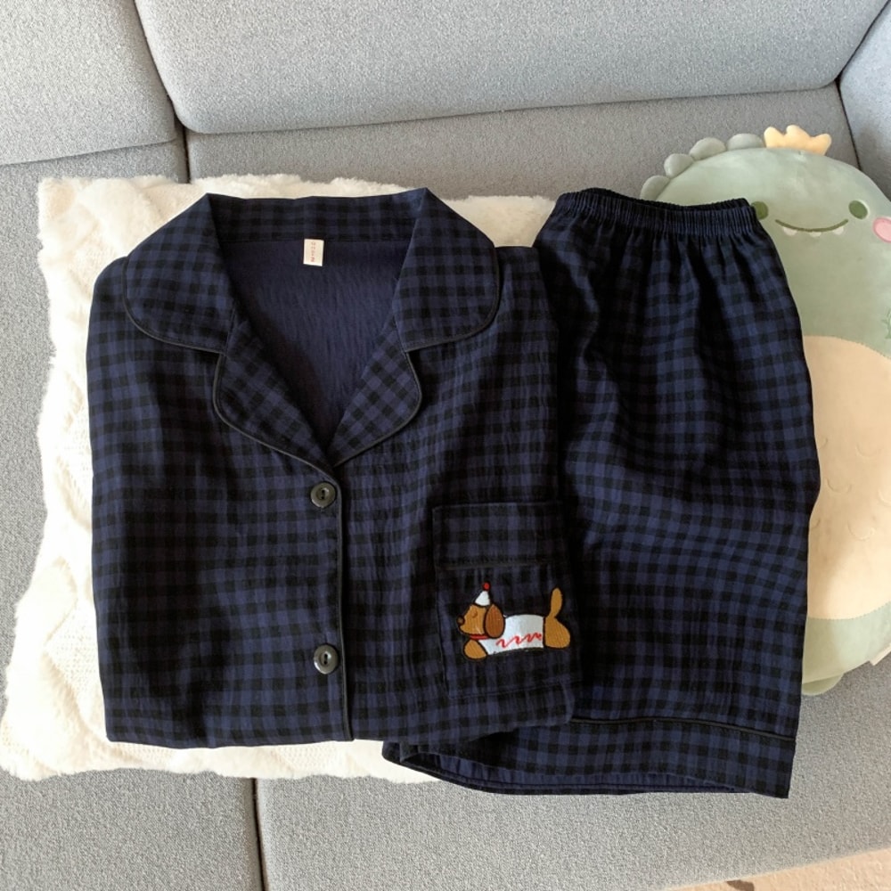 Cute Pajamas Set for Women, Embroidery Dog Sweet Fashion, Plaid Lapel Neck, Elastic Waist Casual Nightwear