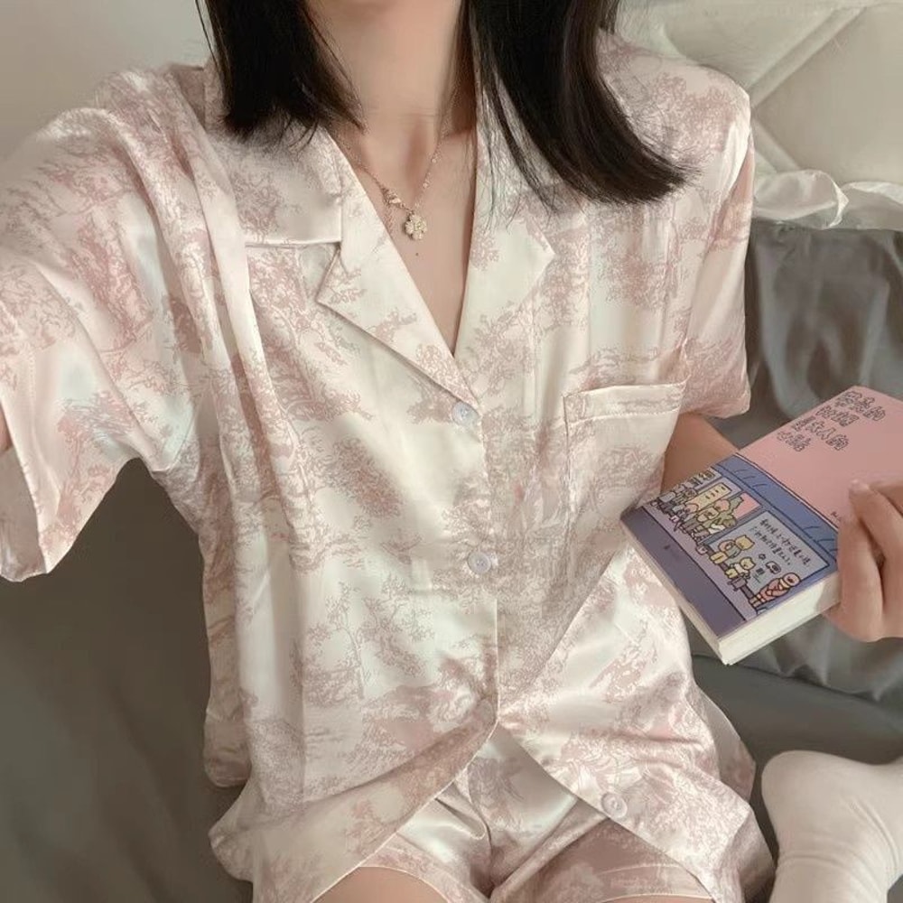 Womens Pink Cute Print Pajama Set Soft Comfy Button Top And Shorts Casual Loungewear Sleepwear Home 2