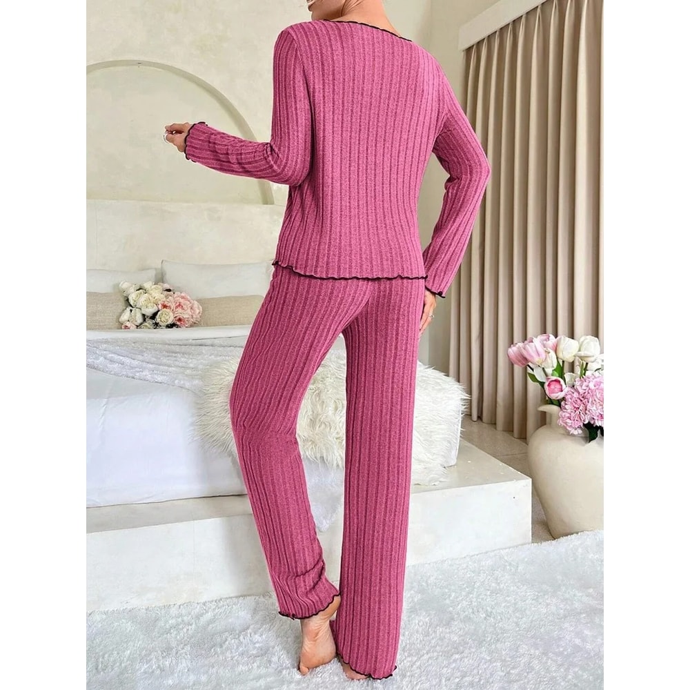Ribbed Pajamas Set For Women Long Sleeve Top Long Pants 2 Piece Set Autumn Winter Sleepwear 0