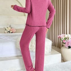 ribbed pajamas set for women, long sleeve top, long pants set, autumn winter sleepwear
