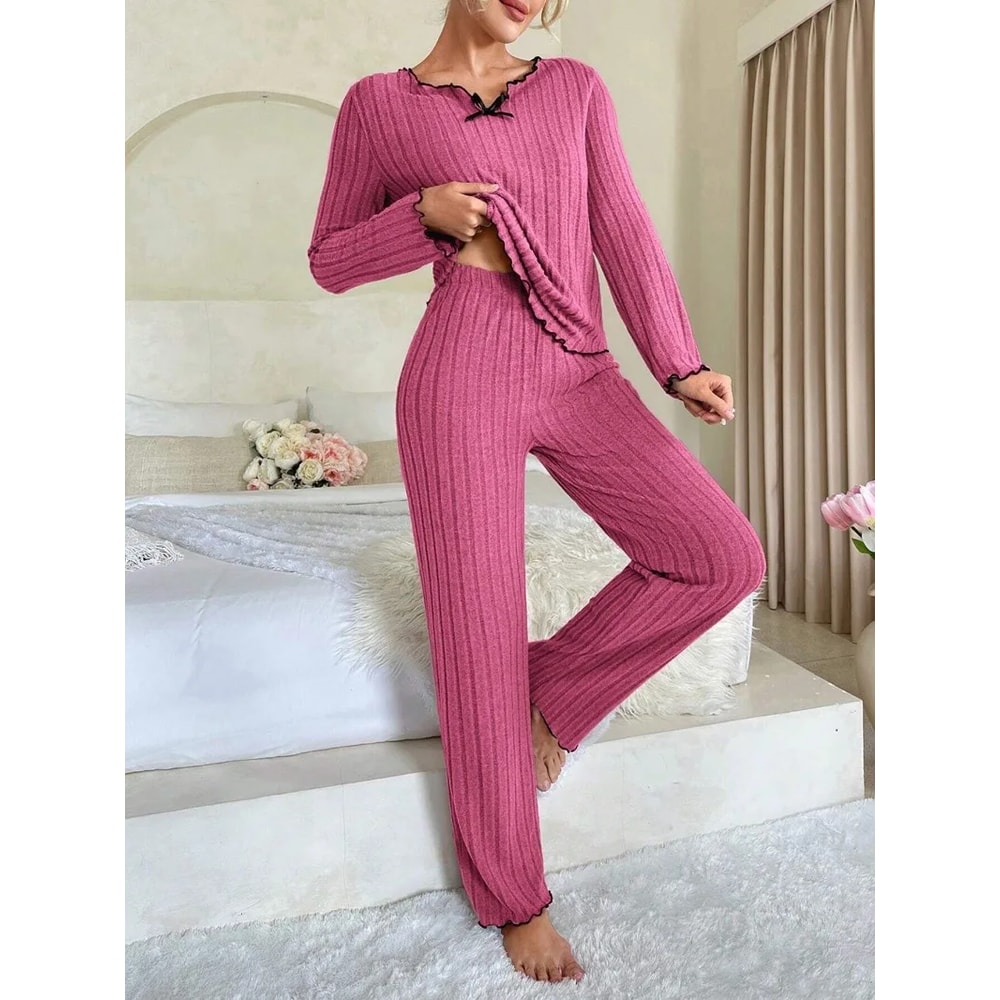 Ribbed Pajamas Set For Women Long Sleeve Top Long Pants 2 Piece Set Autumn Winter Sleepwear 1