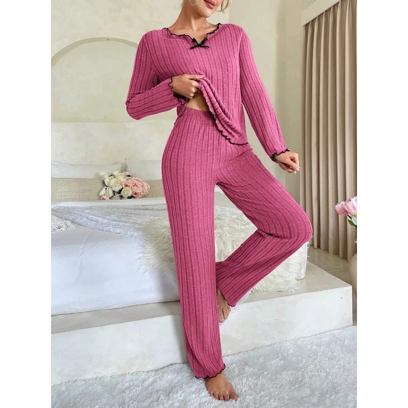 Ribbed Pajamas Set For Women Long Sleeve Top Long Pants 2 Piece Set Autumn Winter Sleepwear 1