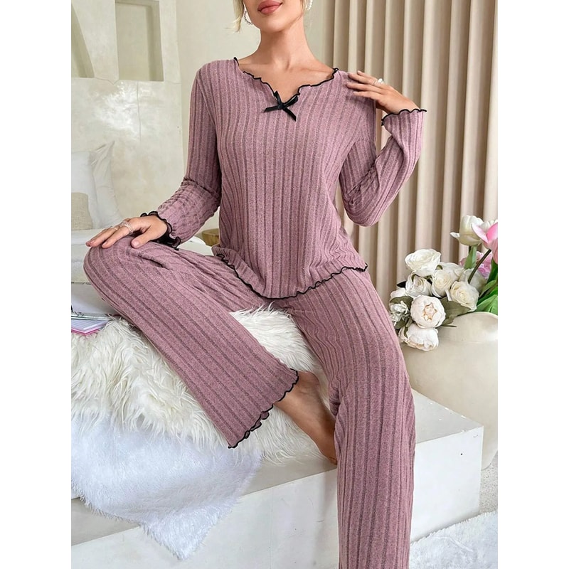 Ribbed Pajamas Set For Women Long Sleeve Top Long Pants 2 Piece Set Autumn Winter Sleepwear 4
