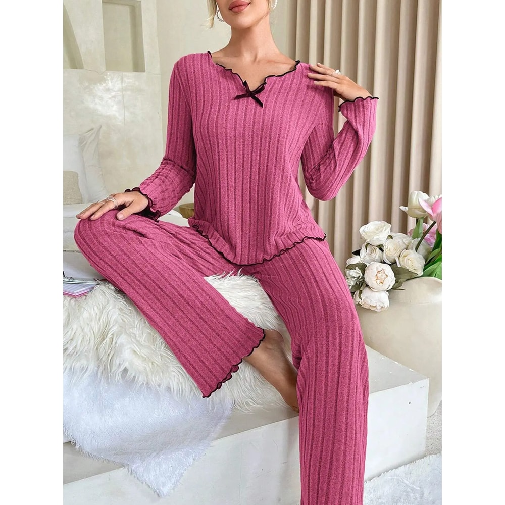Ribbed Pajamas Set For Women Long Sleeve Top Long Pants 2 Piece Set Autumn Winter Sleepwear 2