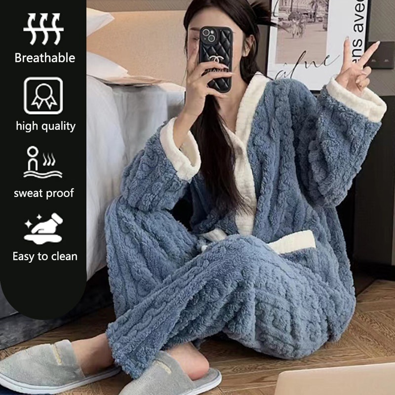 Autumn And Winter Pajamas Women Thickened Padded Warm Coral Velvet Suit Cozy Cardigan And Trousers 2