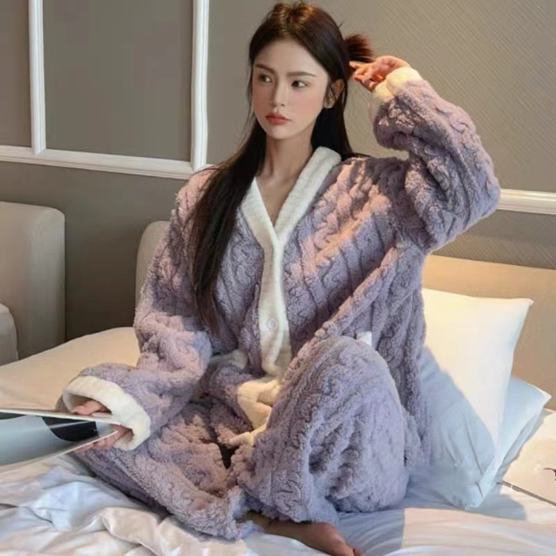 Autumn And Winter Pajamas Women Thickened Padded Warm Coral Velvet Suit Cozy Cardigan And Trousers 5