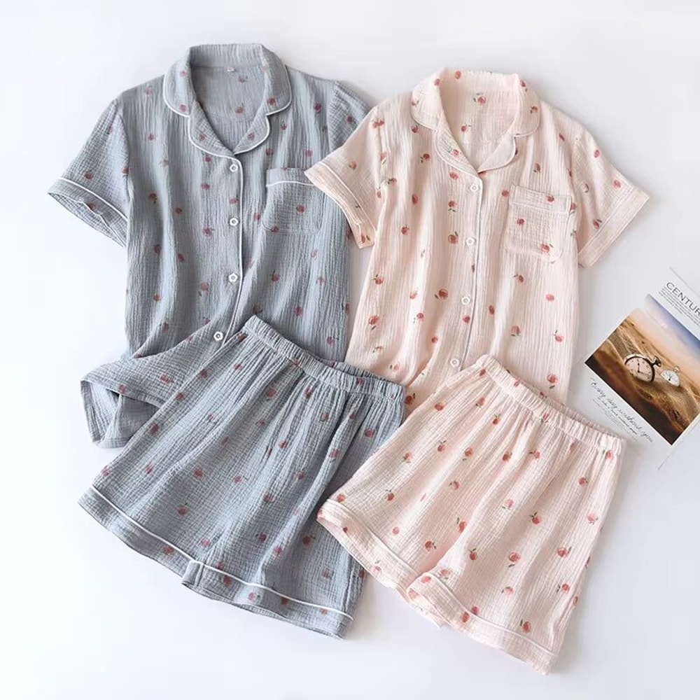 Summer Ladies Shortsleeved Pajamas Set Cotton Crepe Cloth Thin Twopiece Spring And Autumn Loose Sho 1