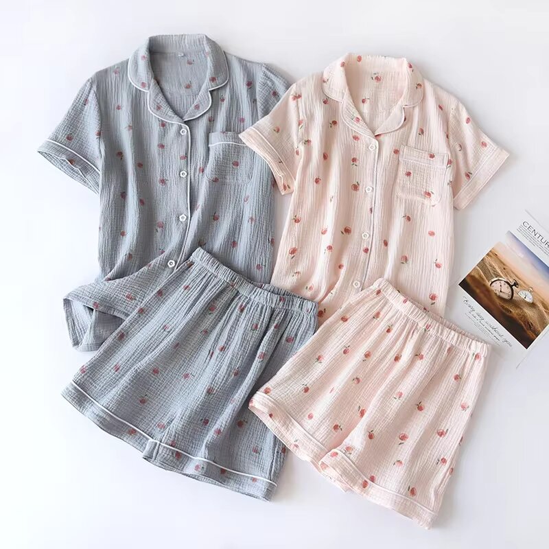 Summer Ladies Shortsleeved Pajamas Set Cotton Crepe Cloth Thin Twopiece Spring And Autumn Loose Sho 1