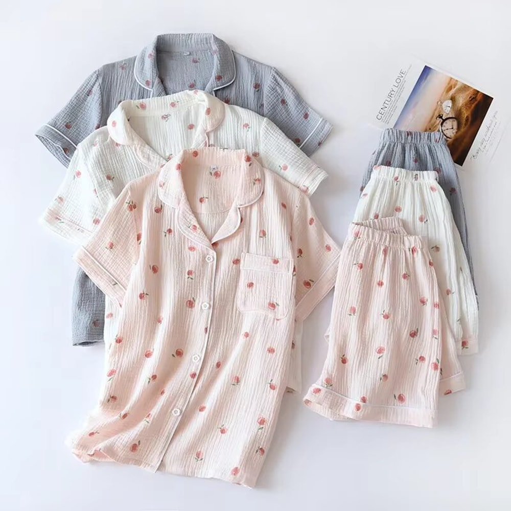 Summer Ladies Shortsleeved Pajamas Set Cotton Crepe Cloth Thin Twopiece Spring And Autumn Loose Sho 2