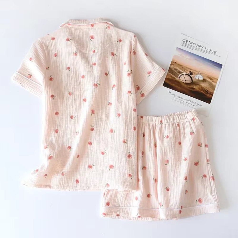 Summer Ladies Shortsleeved Pajamas Set Cotton Crepe Cloth Thin Twopiece Spring And Autumn Loose Sho 3