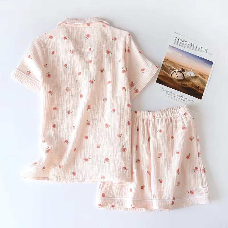 Summer Ladies Shortsleeved Pajamas Set Cotton Crepe Cloth Thin Twopiece Spring And Autumn Loose Sho 3